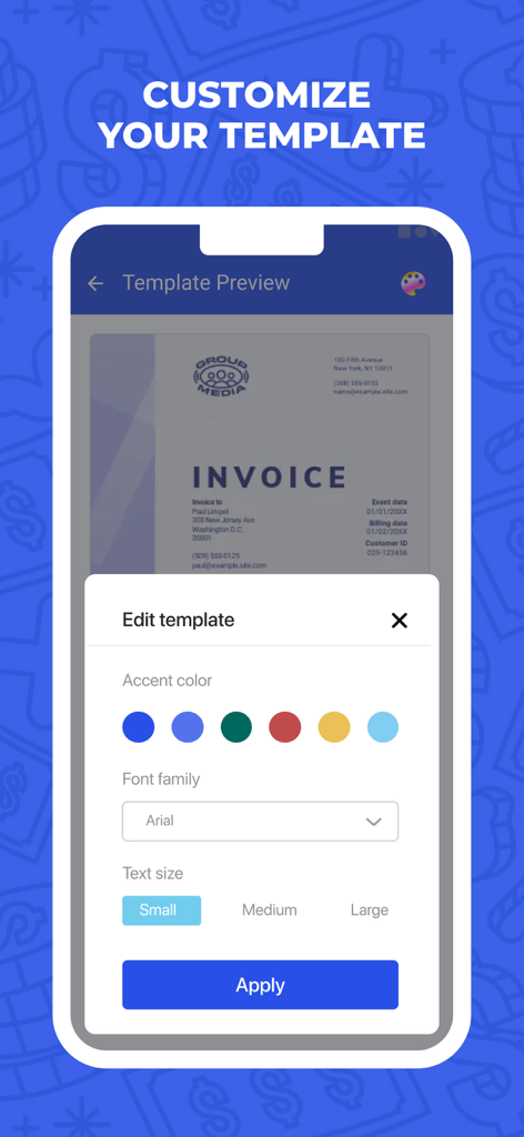 Invoice Maker & Estimates - 색상 및 글꼴에 대한 송장 템플릿 맞춤 설정 옵션을 보여주는 모바일 앱 인터페이스