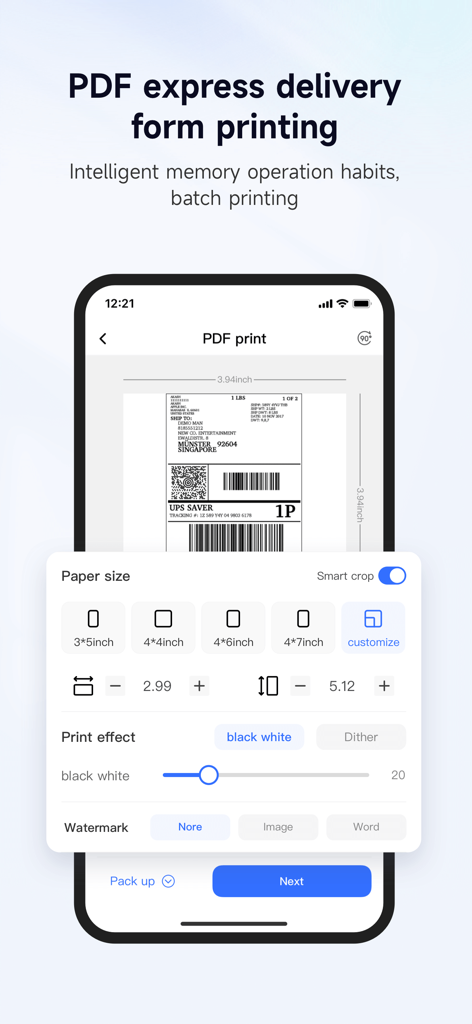 Label Expert - Mobile interface of Label Expert app displaying a PDF shipping label preview with options to customize paper size and print effects