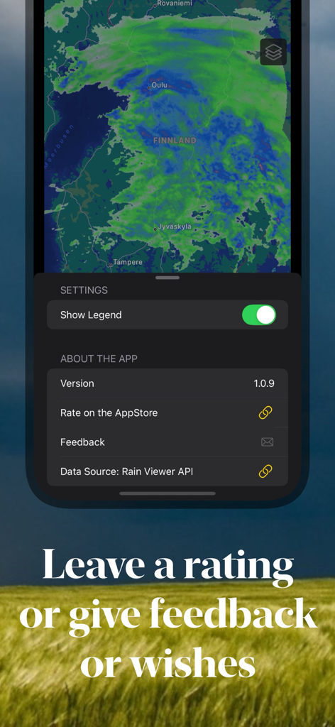 Rain Viewer: Rain Radar Map - Schermata delle impostazioni dell'app Rain Viewer che mostra la mappa radar e le opzioni per il feedback dell'utente e le valutazioni dell'app.