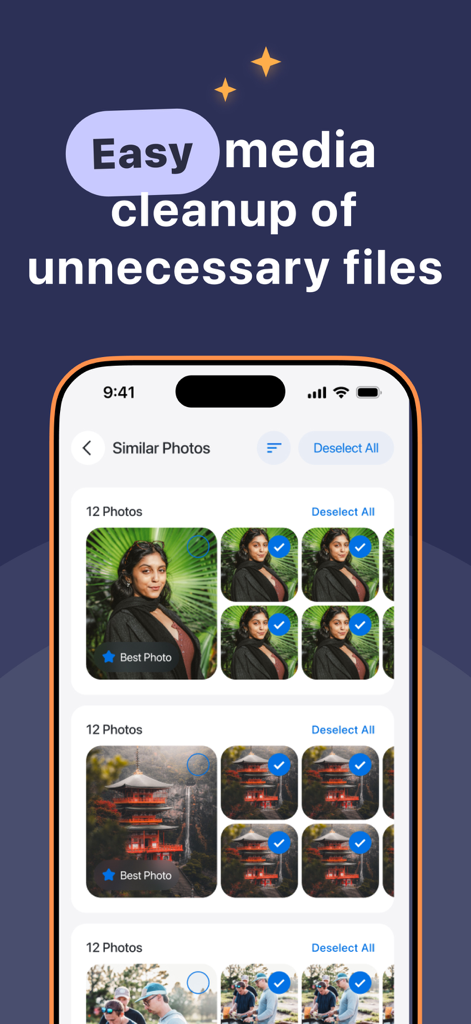 Wipy app screenshot showing groups of similar photos with the best one identified for easy storage cleanup