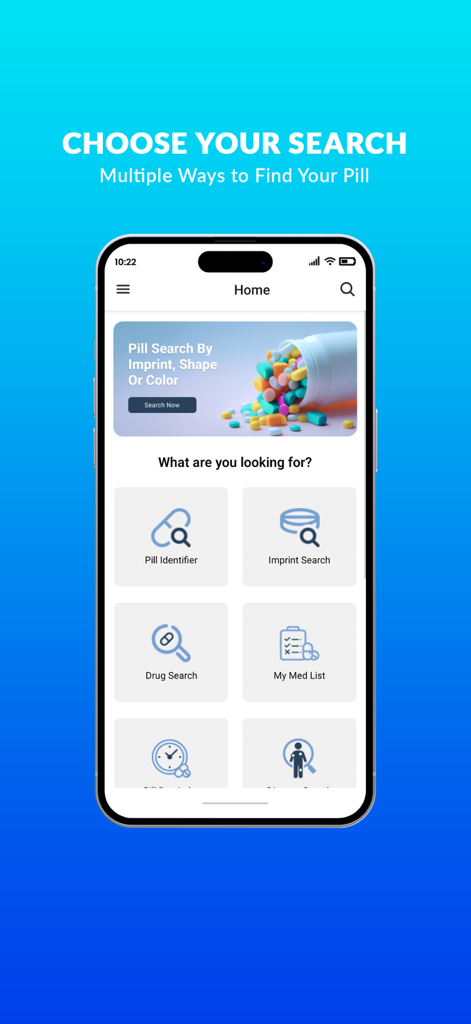 Pill Identifier and Drug List - Home screen of the Pill Identifier and Drug List app featuring search tools for pills and medication lists