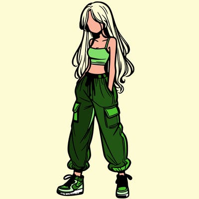 girl in baggy pants crop top and long hair