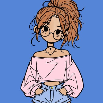 girl with a messy ponytail glasses a baggy crop top and jean shorts