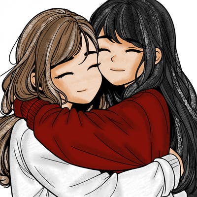realistic two girls hugging
