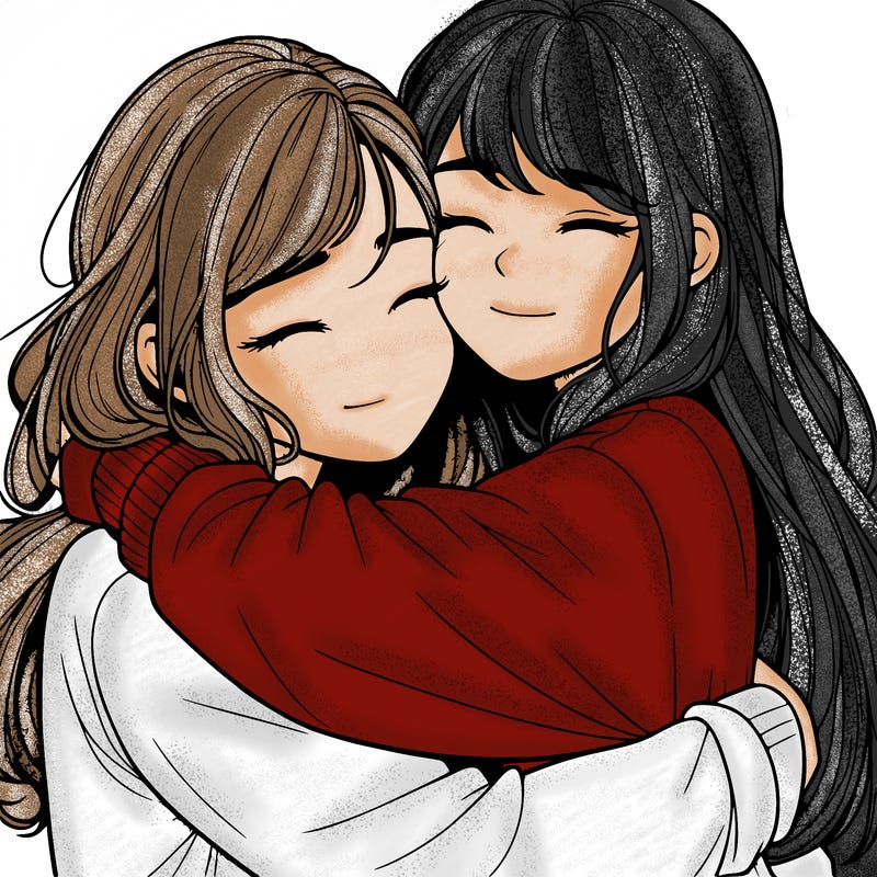 realistic two girls hugging