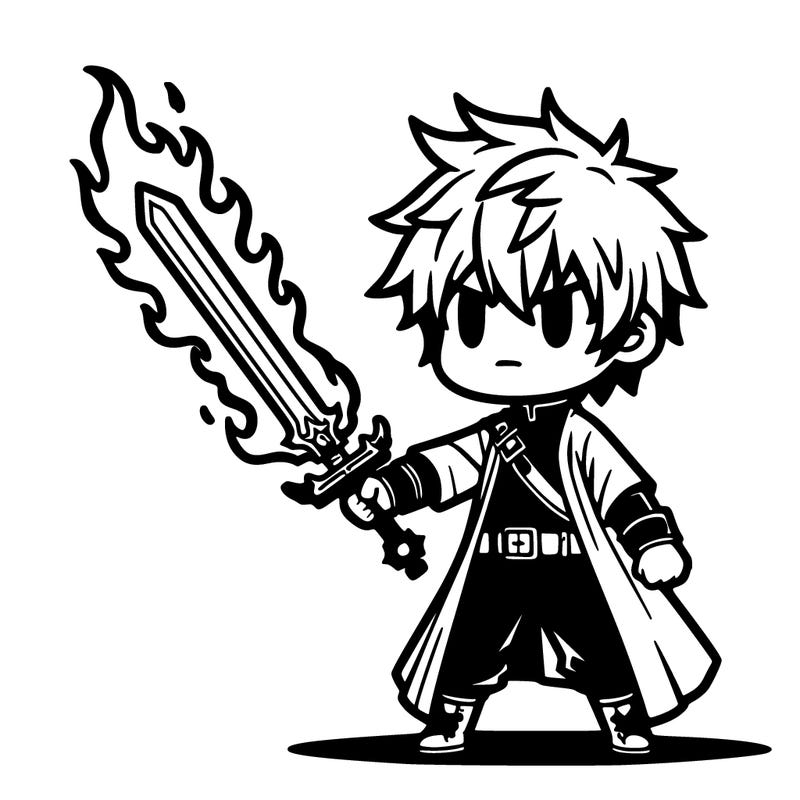 manga character with flaming sword