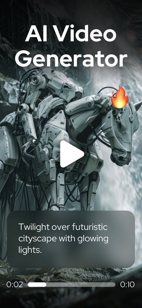Videl AI video generator app interface showing a robotic horse and a text to video prompt.