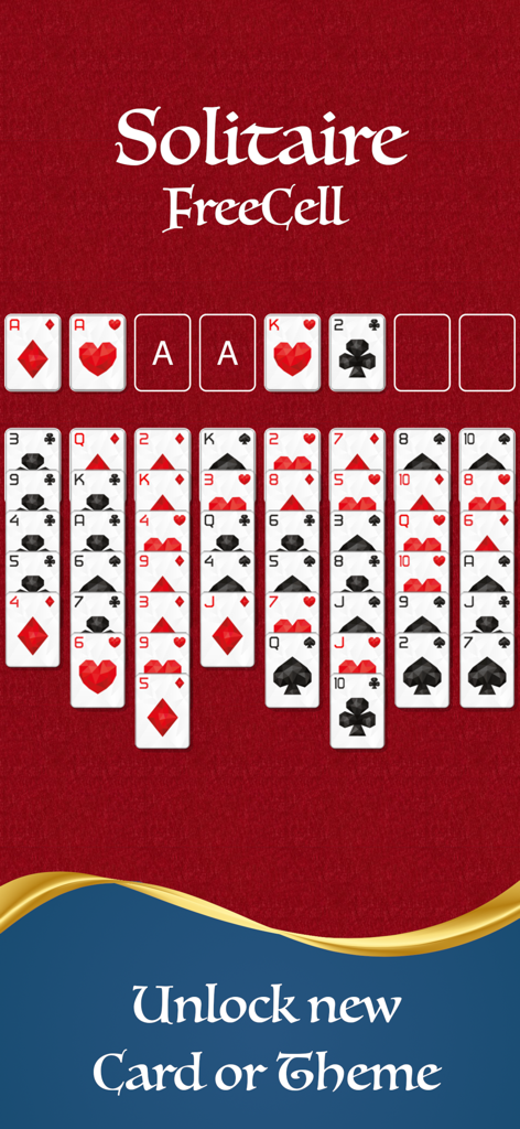 FreeCell Solitaire Watch Game - Pantalla de juego del juego móvil FreeCell Solitaire con cartas organizadas sobre un fondo rojo y una indicación para desbloquear nuevos temas.