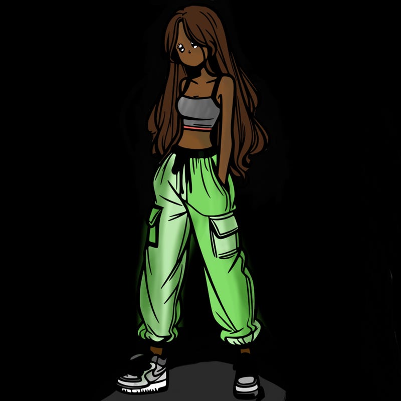 girl in baggy pants crop top and long hair