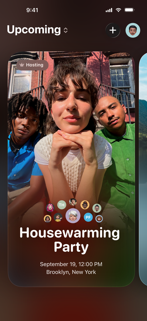 Apple Invites - Apple Invites app interface showing a personalized housewarming party invitation with a custom photo and guest list