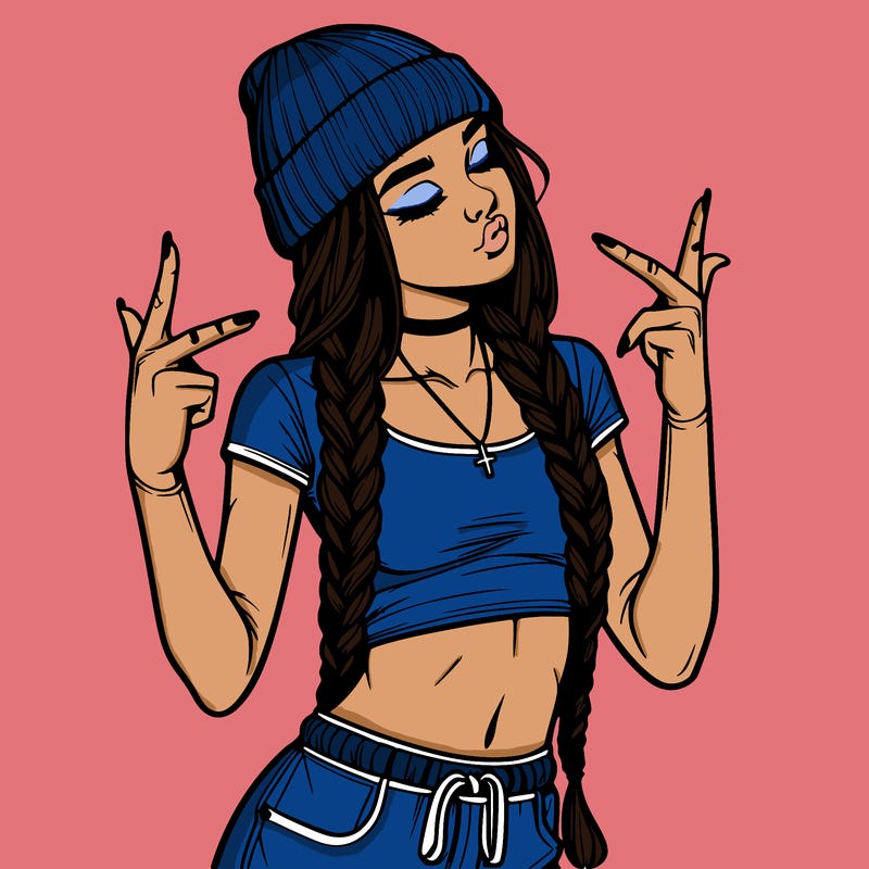realistic teenage girl with braids and a beanie and crop top doing 🫶🏼