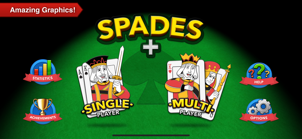 Spades+ - Spades plus main menu screen with single player and multiplayer game modes on a green felt background