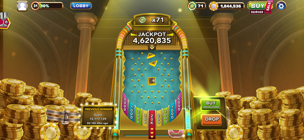 Grand Casino: Slots Games - A Pachinko style jackpot mini game called Millionaire Machine in the Grand Casino app featuring a large coin prize and stacks of gold chips.