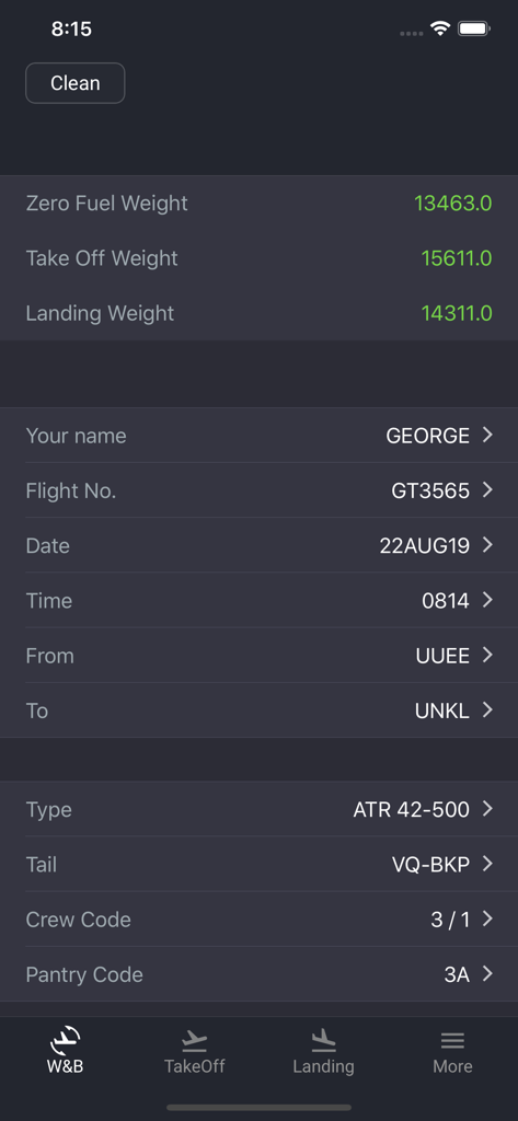 Interface of the SmartSky OPT app showing weight and balance calculations and flight details for an ATR 42-500 aircraft