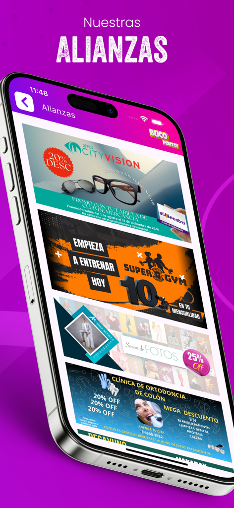 Un smartphone mostrando la app Buco Punto con descuentos y ofertas exclusivas de marcas asociadas como gimnasios y clínicas.