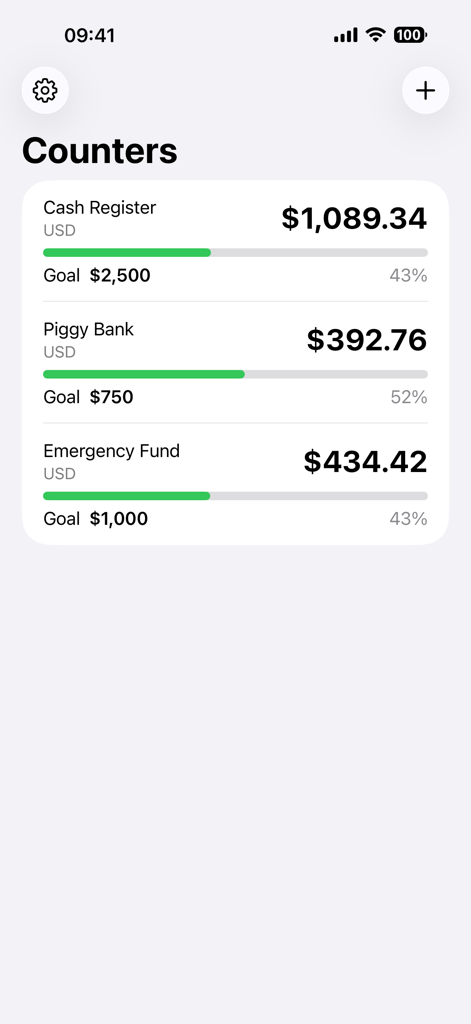 Cash Counter: Count Money - Interfaz mostrando múltiples contadores de efectivo con objetivos de ahorro
