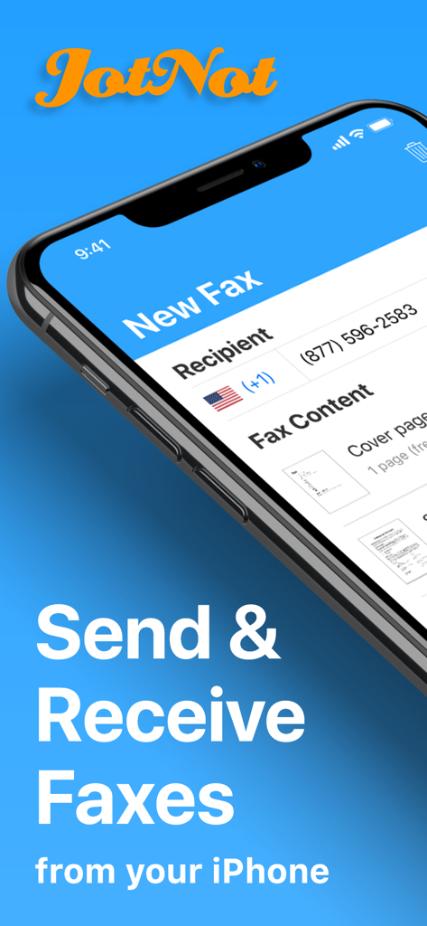 JotNot Fax - Send Receive Fax - JotNot Fax app interface on an iPhone displaying options to send and receive faxes