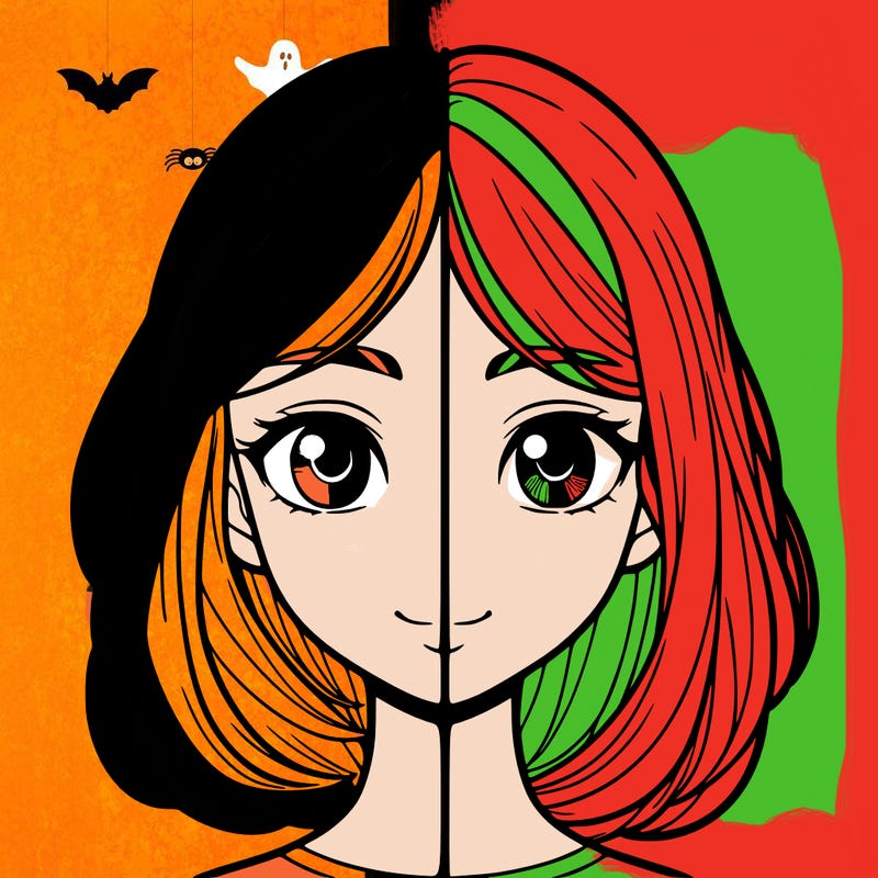 a realistic girl divided into two halfs