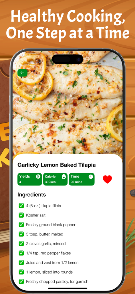 Healthy Recipes - Low Calorie - 건강 레시피 FitFoodie 앱의 마늘 레몬 구운 틸라피아 레시피 페이지
