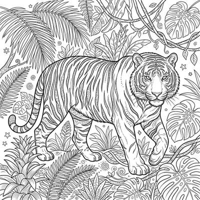 Embark on an artistic journey with this stunning Malayan Tiger coloring page, perfect for teen artists. Dive into a detailed jungle environment and add your personal flair to this magnificent creature.