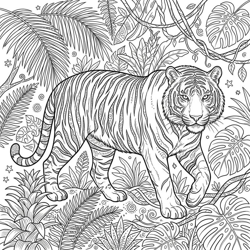 Embark on an artistic journey with this stunning Malayan Tiger coloring page, perfect for teen artists. Dive into a detailed jungle environment and add your personal flair to this magnificent creature.