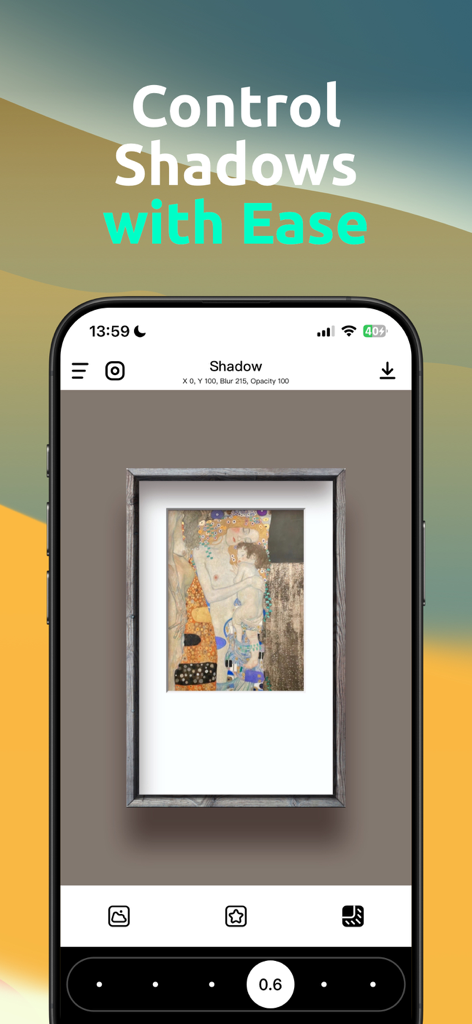 A smartphone screen displaying the FrameX app interface with a framed painting and shadow adjustment settings.