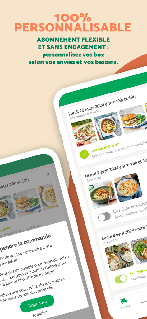 Quitoque : box repas maison - Mobile app interface of Quitoque showing a customizable meal kit subscription schedule with various recipes.