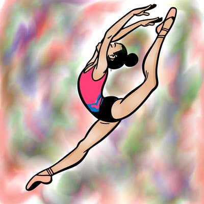 gymnast doing a leap in a leotard with a bent back leg