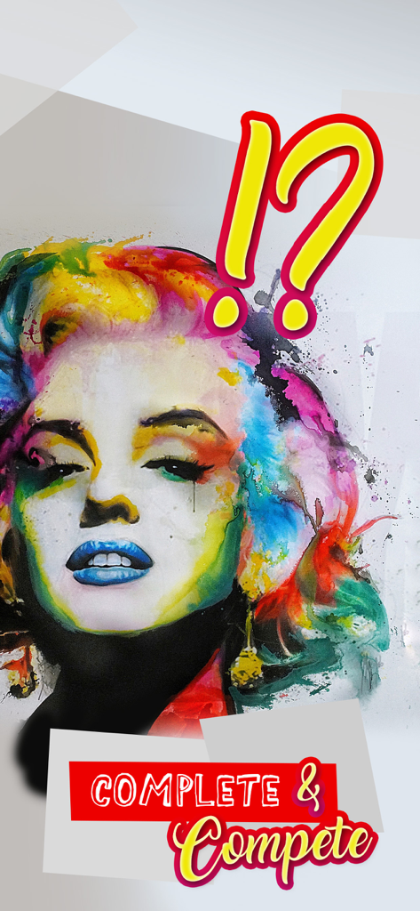 Colorful watercolor celebrity portrait with the text Complete and Compete for a trivia game