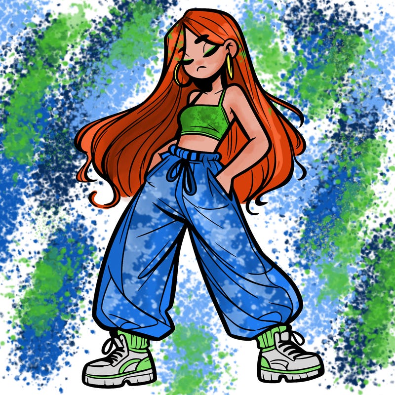 girl in baggy pants crop top and long hair
