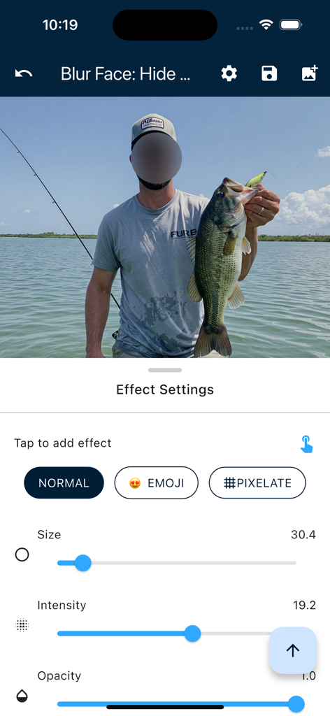 Blur Face Editor tool - Interface of the Blur Face Editor app showing a blurred face on a man holding a fish