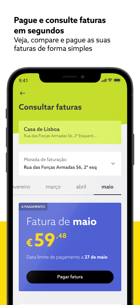 my NOS - my NOS app interface showing a monthly bill summary and a pay bill button