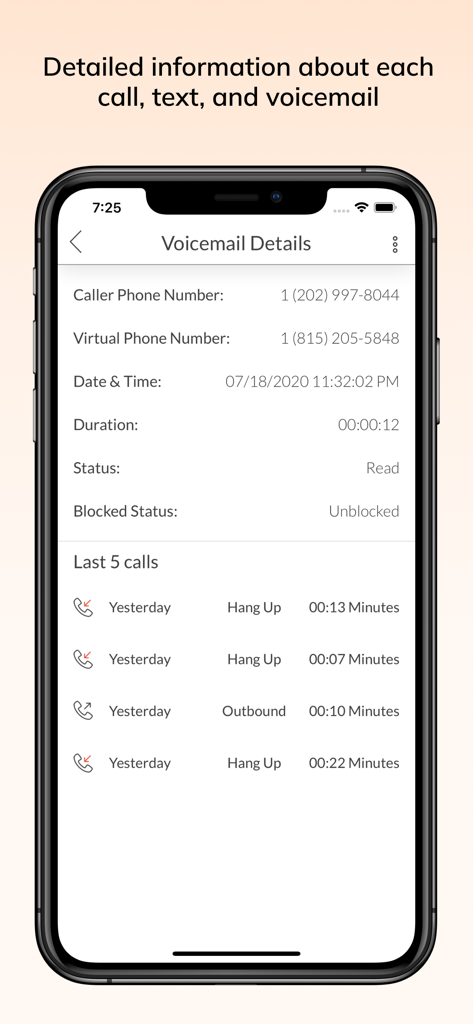 Talkroute app voicemail details screen showing caller number and recent call history