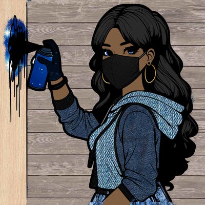 realistic girl with mask spray painting a wall