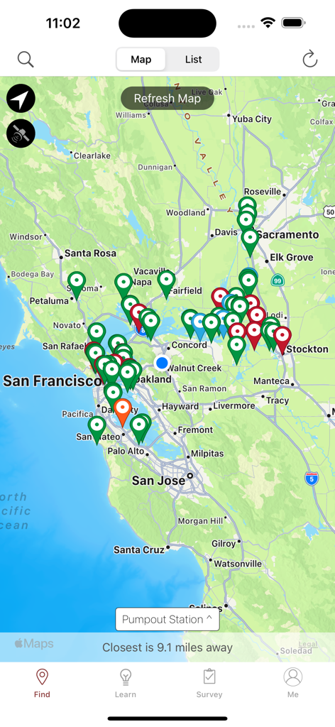 Pumpout Nav - A map interface in the Pumpout Nav app showing multiple marina pumpout stations throughout the San Francisco Bay Area and Sacramento