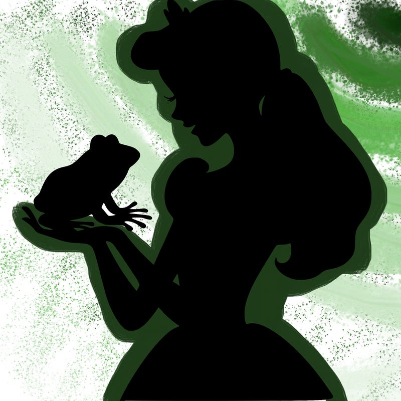 a shadow of a princess holding a frog realistic