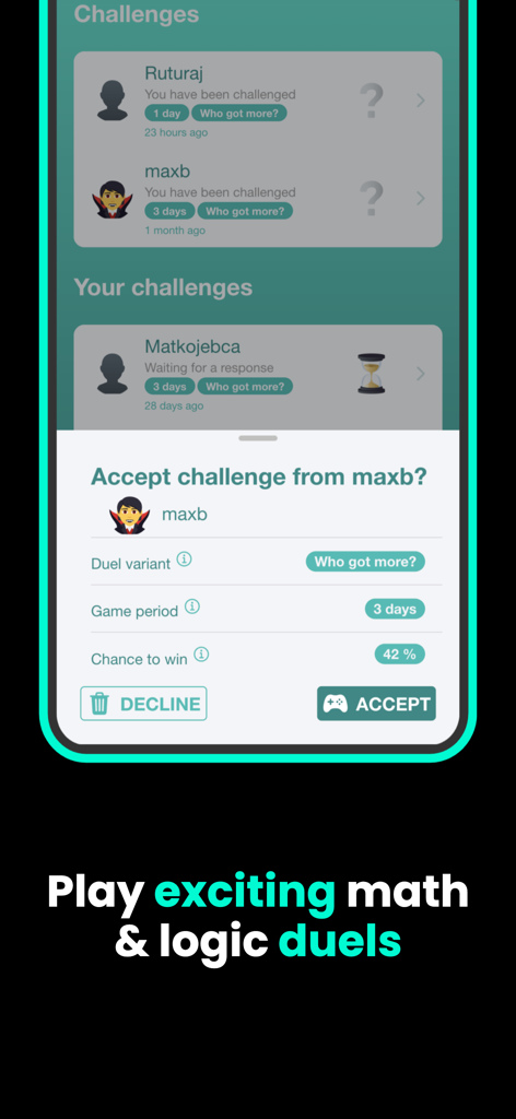 LOGIC Duel: Math Games - Accept challenge screen in LOGIC Duel math and logic games app showing player challenges and duel options