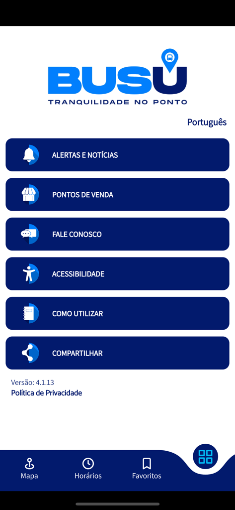 BusU - Menú principal de la aplicación de tránsito BusU que muestra opciones de navegación y funciones de accesibilidad