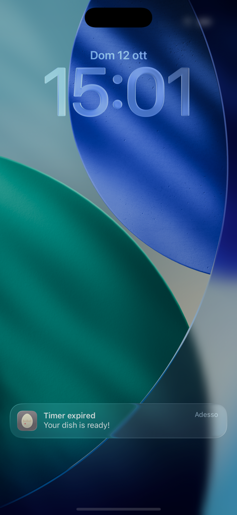 Notificación de la aplicación Chef Timer en la pantalla de bloqueo de un iPhone que dice Tu plato está listo