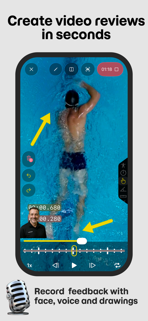 KineVision -  Video Coaching - KineVision app interface showing a coach recording video feedback with drawings on a swimming video.