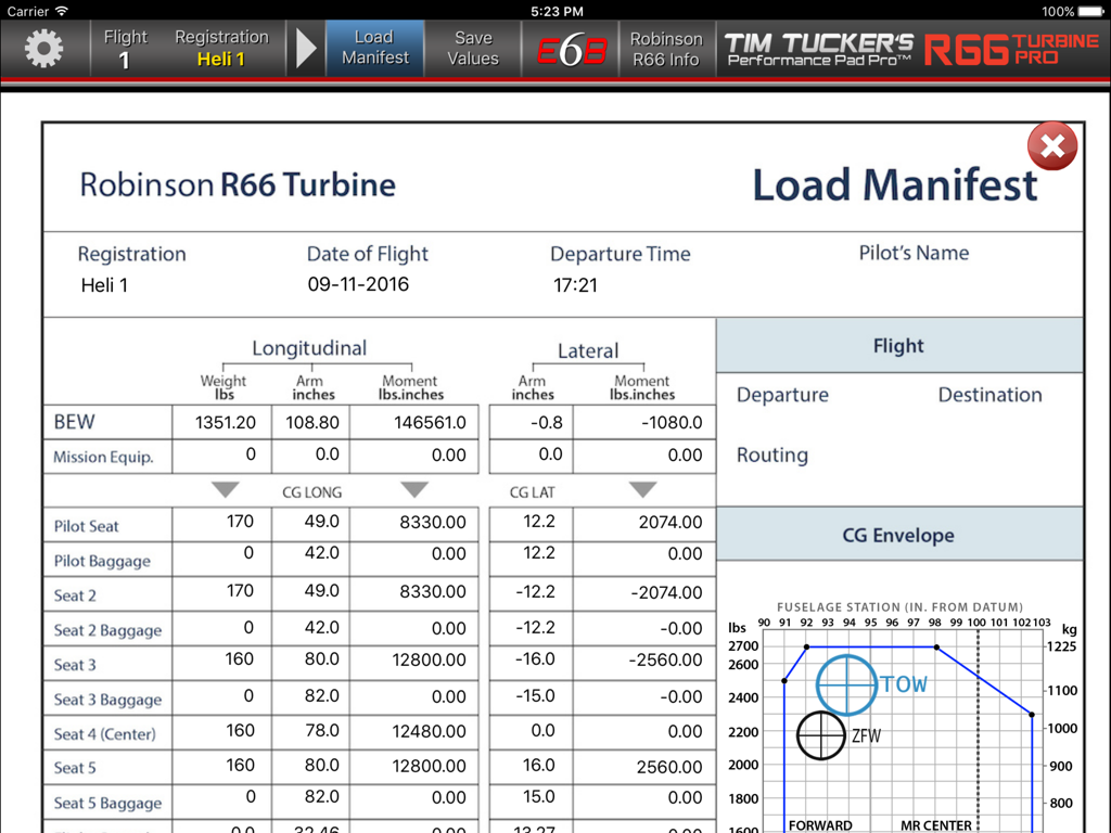 R66 PRO - Robinson R66 Turbine load manifest and center of gravity envelope screen