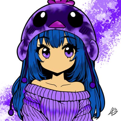 anime girl with chick shaped hat with sweater with bare shoulders with bangs covering them one eye with low tail
