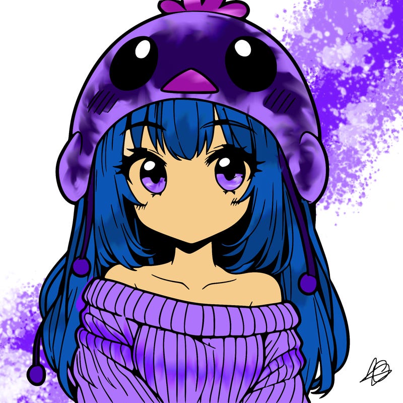 anime girl with chick shaped hat with sweater with bare shoulders with bangs covering them one eye with low tail