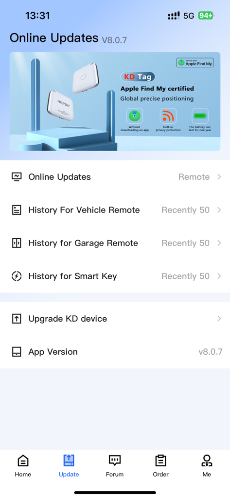 Mobile KD - Pantalla de actualización de la aplicación Mobile KD con historial de llaves y opciones de actualización de firmware