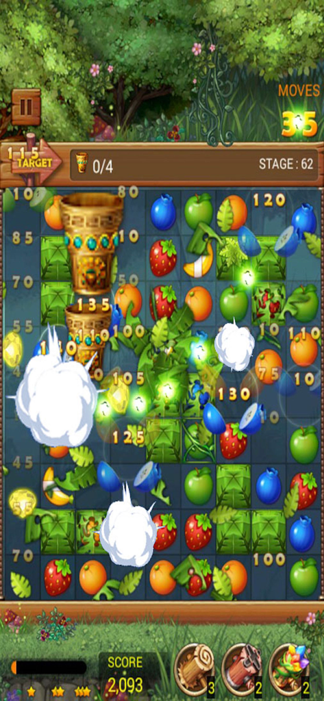 Gameplay screenshot of Fruits Forest Rainbow Apple showing a match 3 puzzle with colorful fruits and explosions