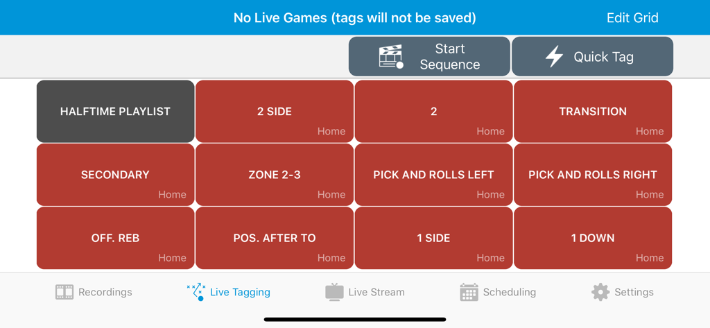 Keemotion app interface showing a live tagging grid for basketball game actions like pick and rolls and transitions