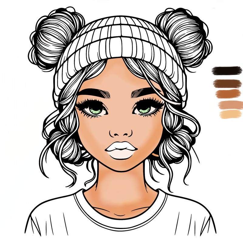 realistic girl with buns in her hair with a beanie on