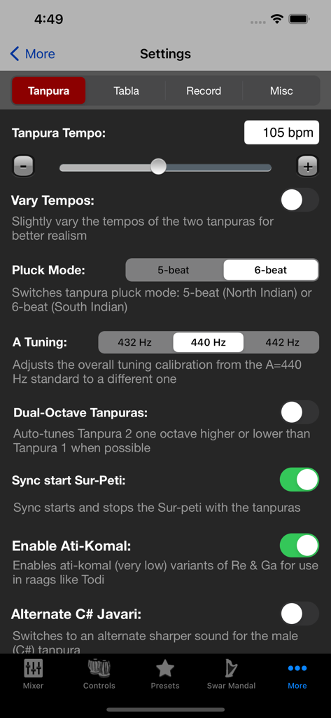 iTablaPro - Settings interface for the Tanpura instrument in iTablaPro showing tempo, tuning, and pluck mode controls.