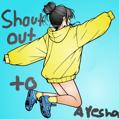 realistic girl jumping with a bun and oversized sweatshirt