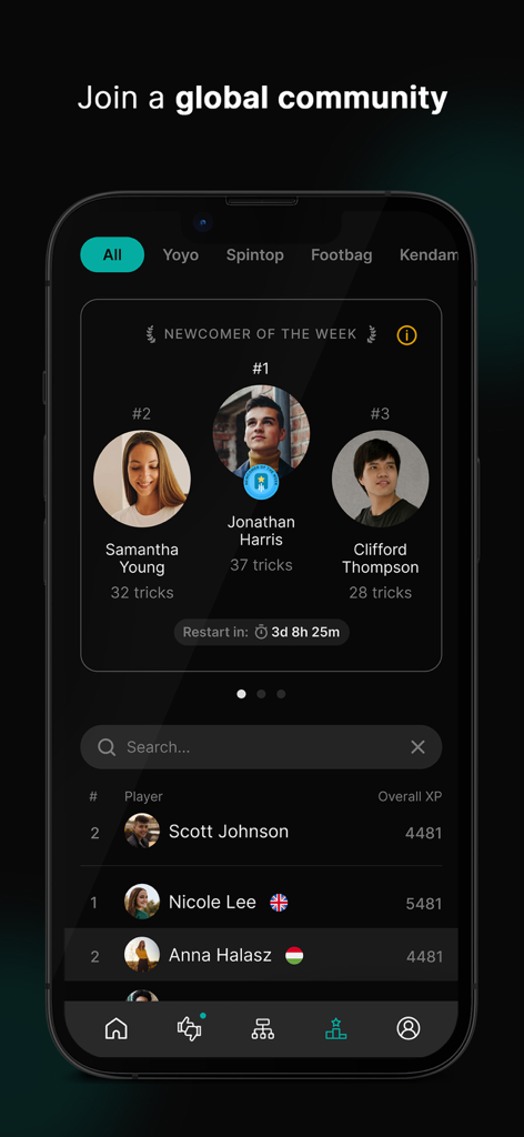 Skill Addicts – Play & Learn - A mobile app interface showing a global community leaderboard with newcomer of the week rankings and overall player XP scores for skill hobbies.